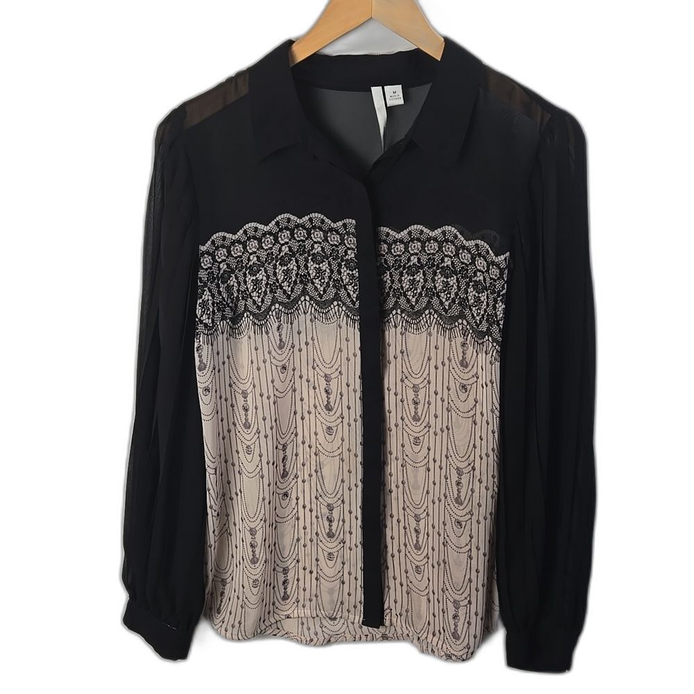 LC Lauren Conrad Womwn's Black Cream Lace Print Sheer Blouse Sz M Boho Whimsical